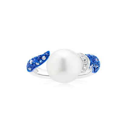 Ring With Sapphire,Pearl And Diamond In 18K White Gold And Blue Rhodium