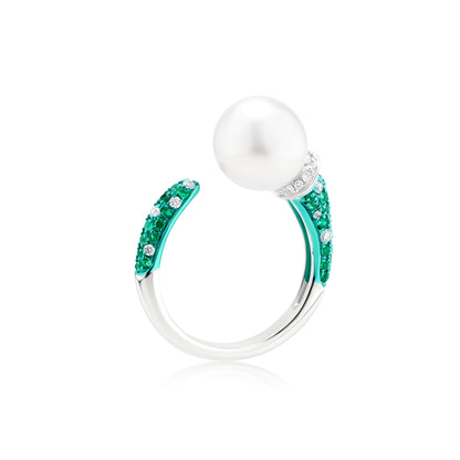 Ring With Emerald,Pearl And Diamond In 18K White Gold And Green Rhodium