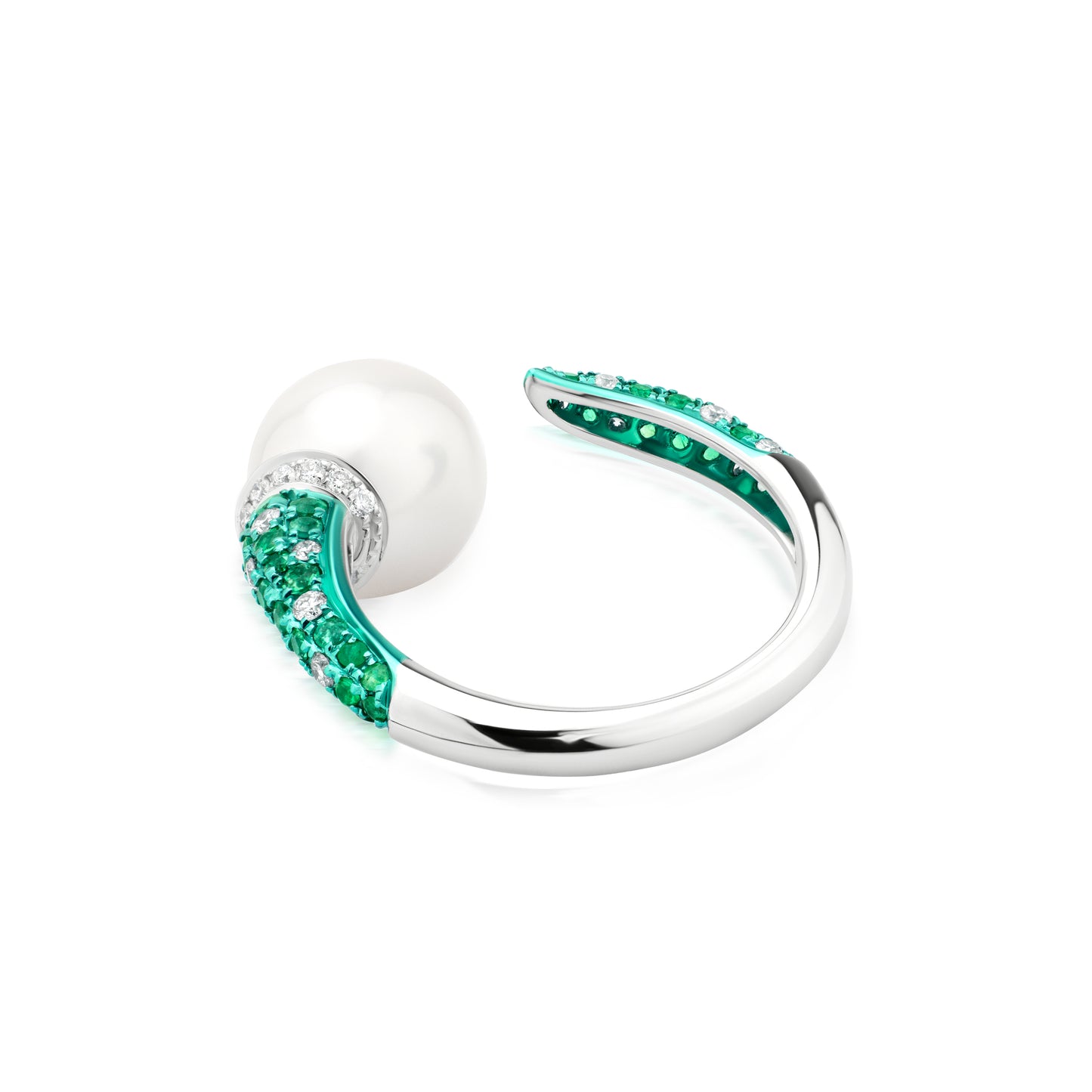 Ring With Emerald,Pearl And Diamond In 18K White Gold And Green Rhodium