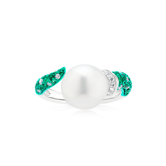 Ring With Emerald,Pearl And Diamond In 18K White Gold And Green Rhodium