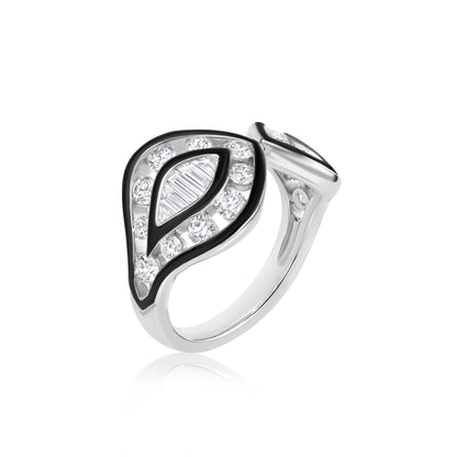 18K White Gold White Diamond and Enamel Open Work Ring