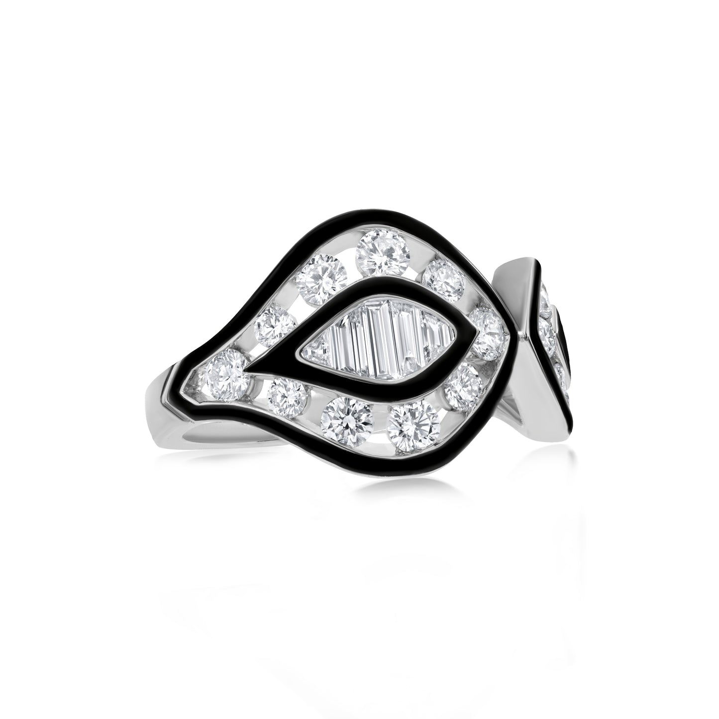 18K White Gold White Diamond and Enamel Open Work Ring