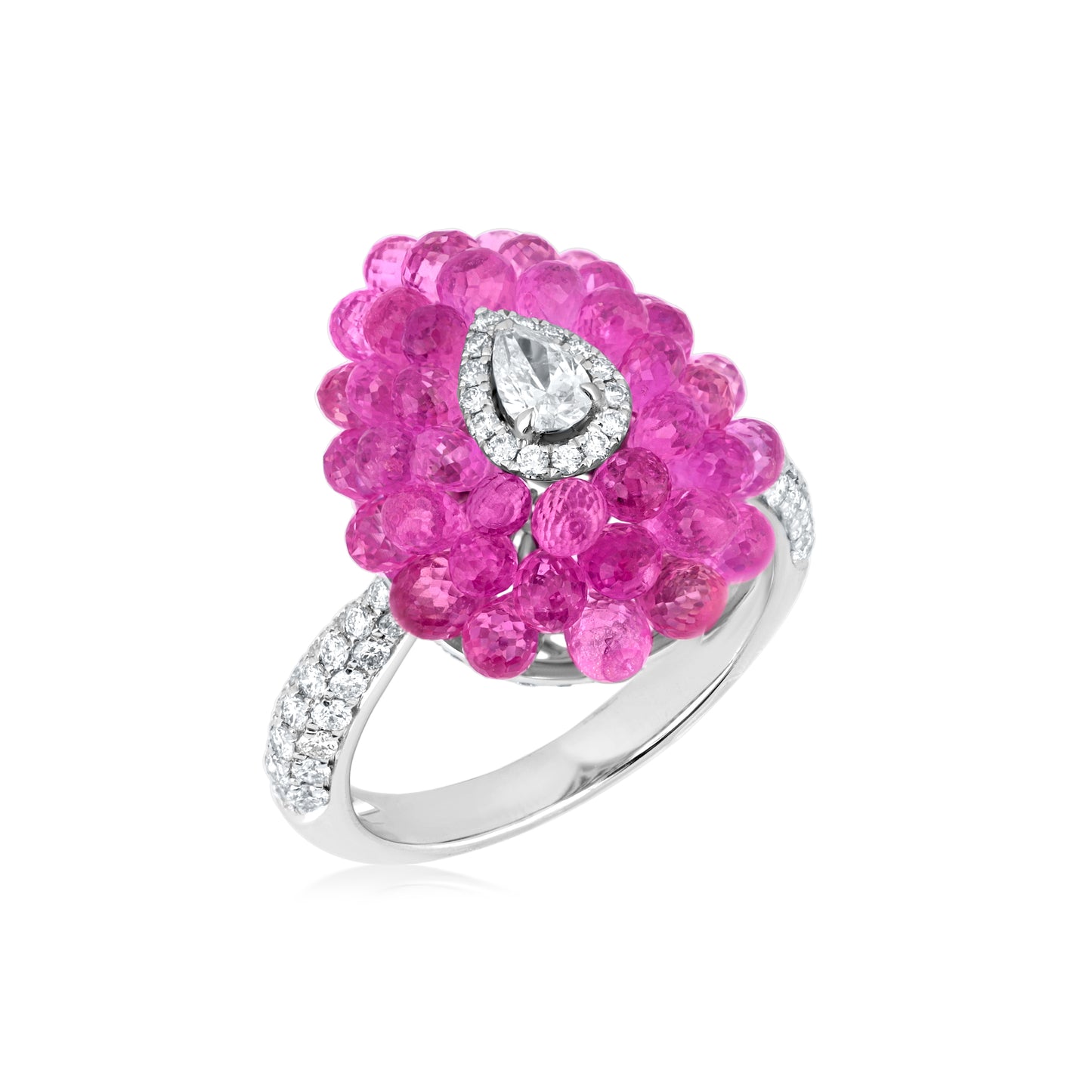 Teadrop Cluster Ring With Pink Sapphire And Diamond Center In 18K White Gold