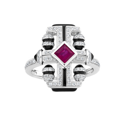 Quad Cylinder Ring With Ruby And Diamond In 18K White Gold