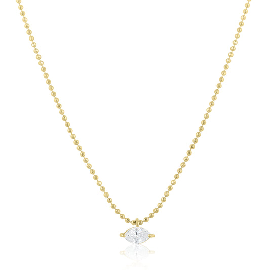 18K Gold Beaded Chain Necklace With Oval Diamond - Main