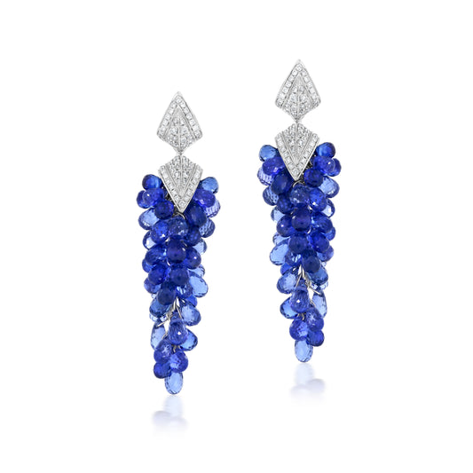 Long Dangle Cluster Earrings With Sapphire And Diamond In 18K White Gold