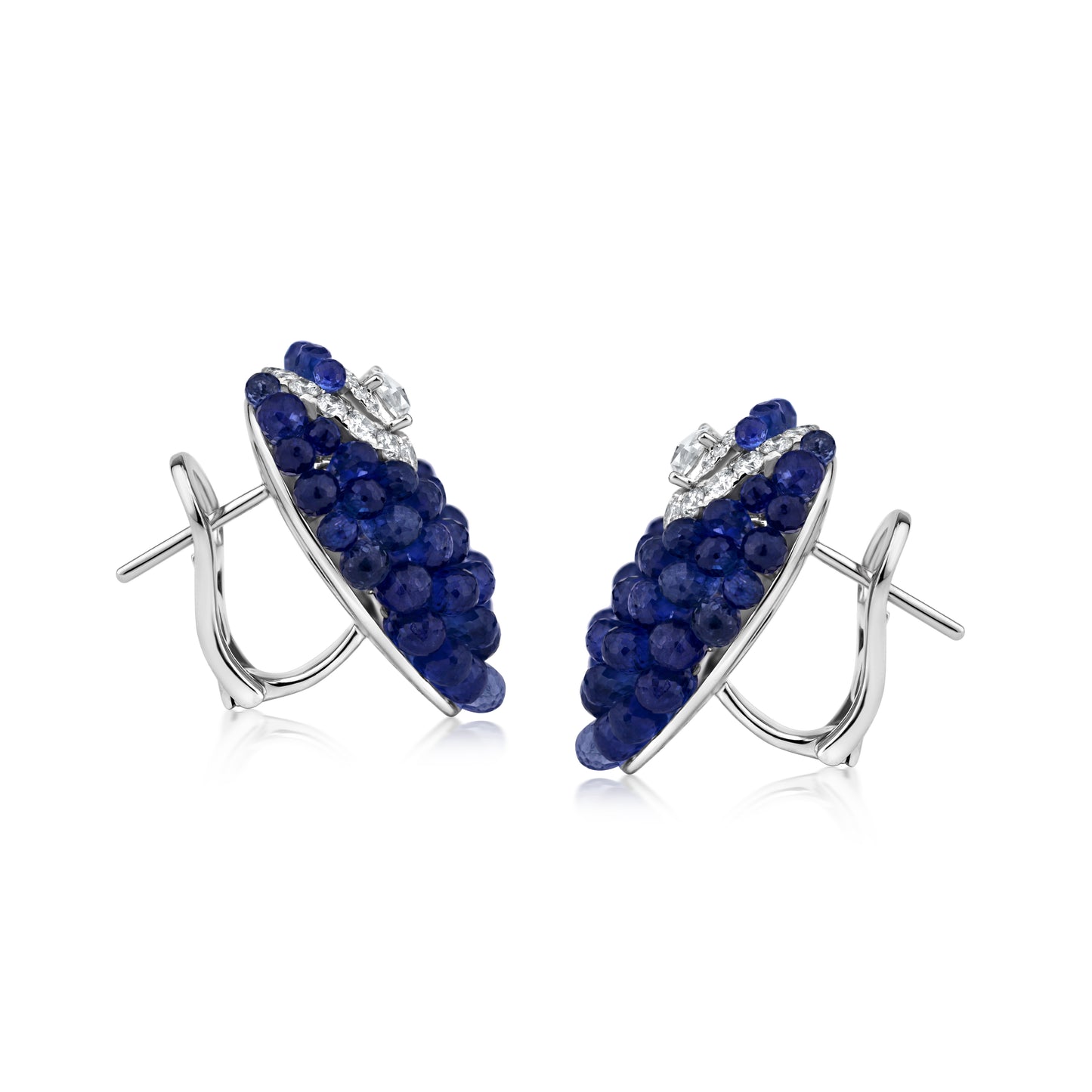 Small Cluster Around Swirl Earrings With Sapphire And Diamond In 18K White Gold