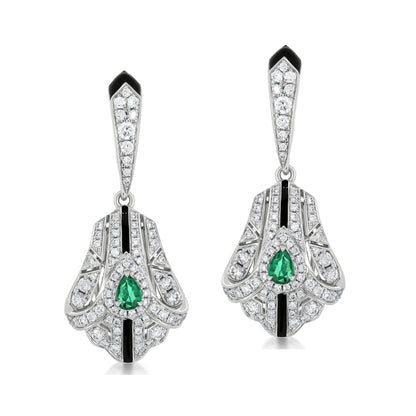 Fan Earring With Emerald And Diamond In 18K White Gold