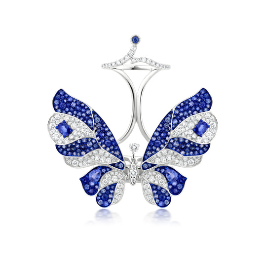 Butterfly Sapphire And Diamond Ring In 18K White Gold And Blue Rhodium