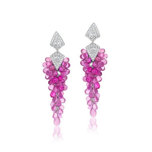 Long Dangle Cluster Earrings With Pink Sapphire And Diamond In 18K White Gold