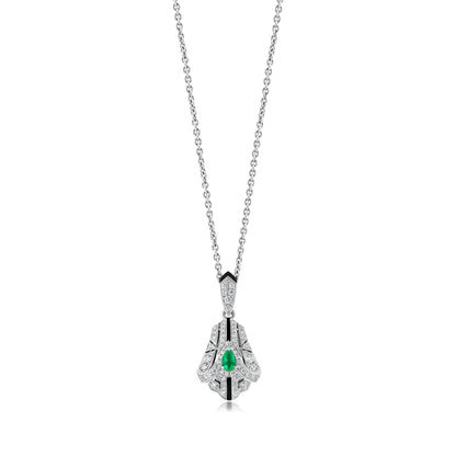 Fan Necklace With Emerald And Diamond In 18K White Gold