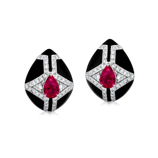 Diamond Frame Earring With Ruby And Diamond In 18K White Gold